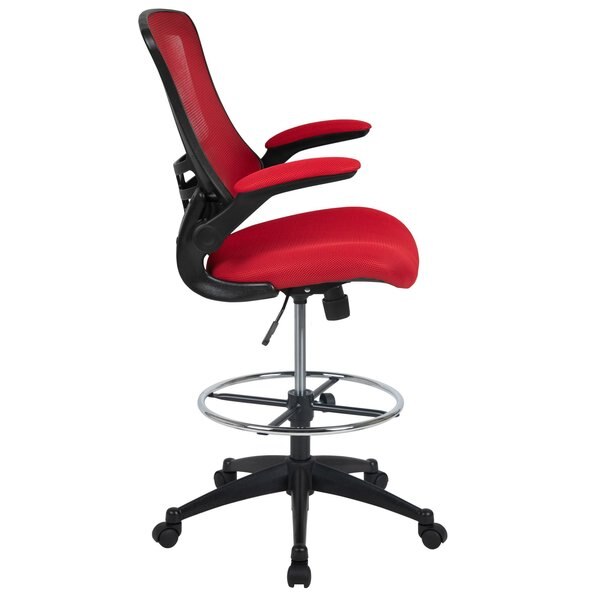 Kelista Mid-Back Red Mesh Ergonomic Drafting Chair with Adjustable Foot Ring and Flip-Up Arms