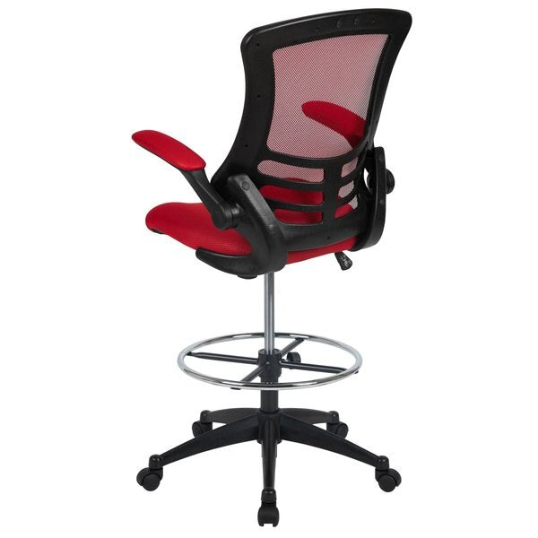 Kelista Mid-Back Red Mesh Ergonomic Drafting Chair with Adjustable Foot Ring and Flip-Up Arms