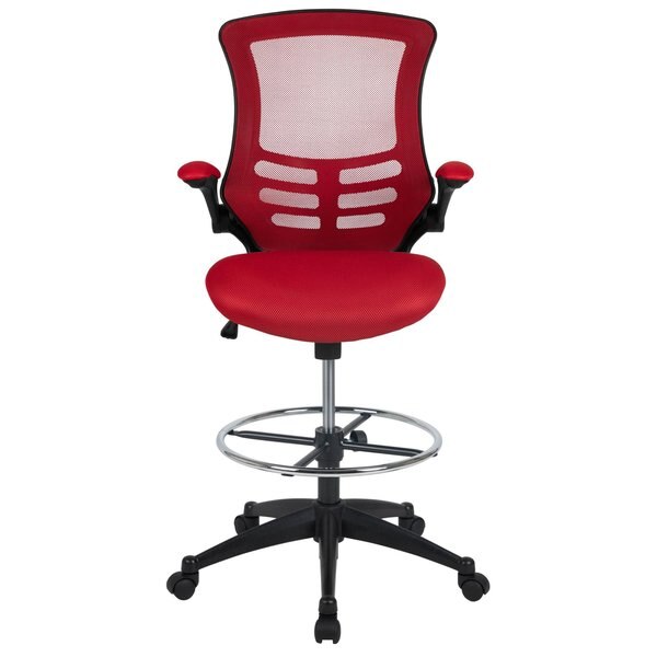 Kelista Mid-Back Red Mesh Ergonomic Drafting Chair with Adjustable Foot Ring and Flip-Up Arms