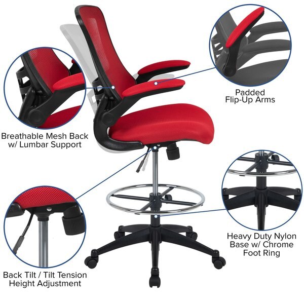 Kelista Mid-Back Red Mesh Ergonomic Drafting Chair with Adjustable Foot Ring and Flip-Up Arms