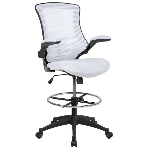 Kelista Mid-Back White Mesh Ergonomic Drafting Chair with Adjustable Foot Ring and Flip-Up Arms