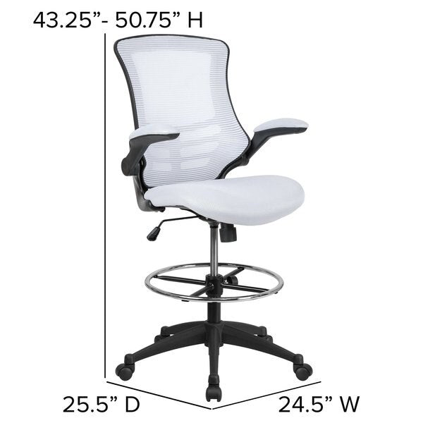 Kelista Mid-Back White Mesh Ergonomic Drafting Chair with Adjustable Foot Ring and Flip-Up Arms