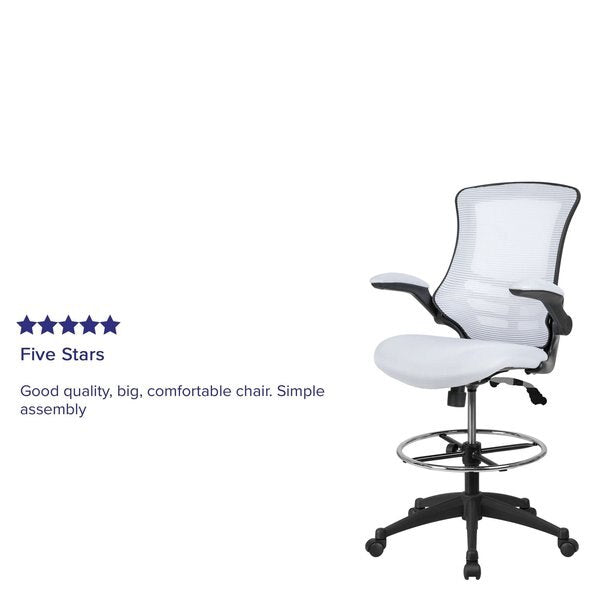 Kelista Mid-Back White Mesh Ergonomic Drafting Chair with Adjustable Foot Ring and Flip-Up Arms