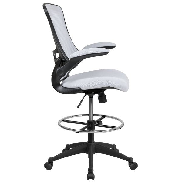 Kelista Mid-Back White Mesh Ergonomic Drafting Chair with Adjustable Foot Ring and Flip-Up Arms