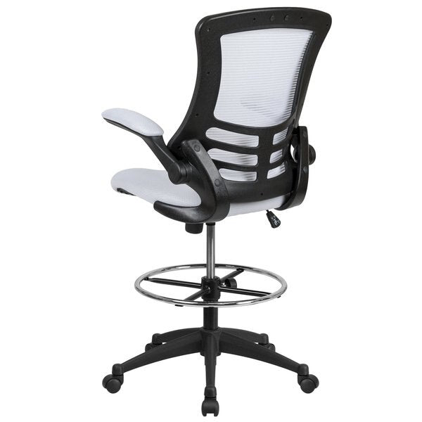 Kelista Mid-Back White Mesh Ergonomic Drafting Chair with Adjustable Foot Ring and Flip-Up Arms