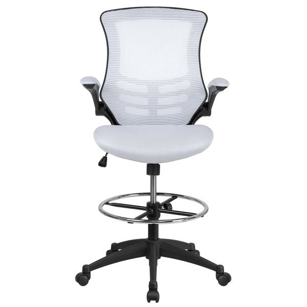Kelista Mid-Back White Mesh Ergonomic Drafting Chair with Adjustable Foot Ring and Flip-Up Arms