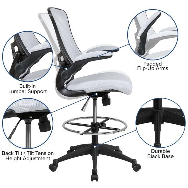 Kelista Mid-Back White Mesh Ergonomic Drafting Chair with Adjustable Foot Ring and Flip-Up Arms