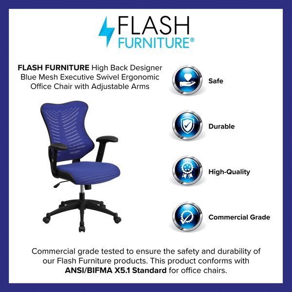 Executive Chair, Mesh, 21 3/4- Height, Padded, Blue Mesh