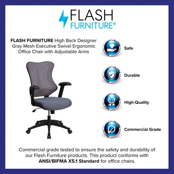 Executive Chair, Mesh, 21 3/4- Height, Padded, Gray Mesh