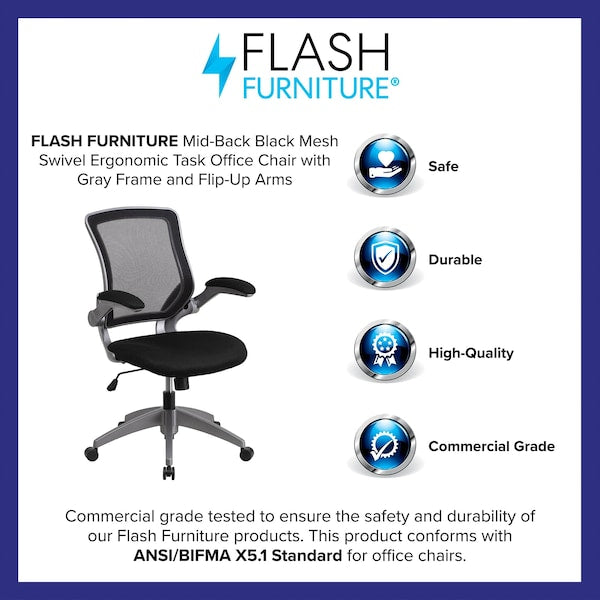 Mesh Task Chair, 21-, Padded Flip-up, Back, Seat: Black; Frame: Gray