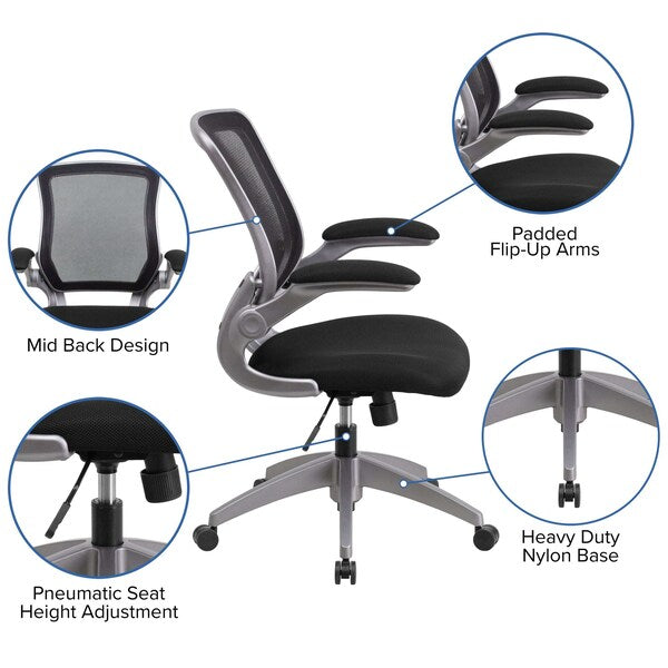 Mesh Task Chair, 21-, Padded Flip-up, Back, Seat: Black; Frame: Gray