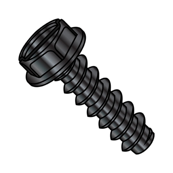 Sheet Metal Screw, #6-20 x 3/8 in, Black Oxide Steel Hex Head Slotted Drive, 10000 PK