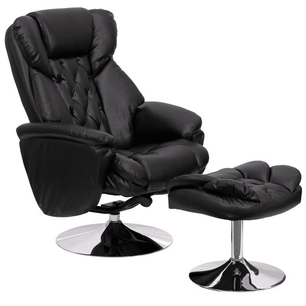 Black LeatherSoft Recliner & Ottoman - Chrome Base