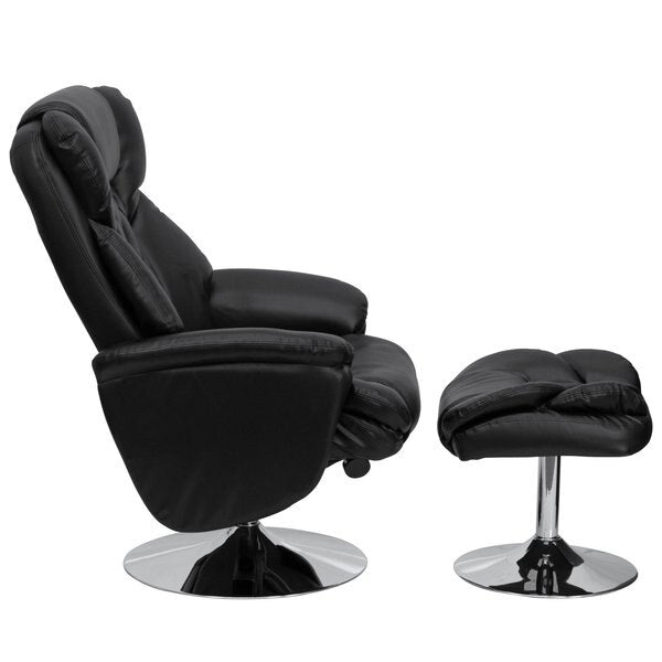 Black LeatherSoft Recliner & Ottoman - Chrome Base