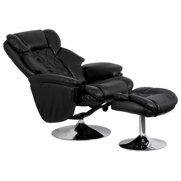 Black LeatherSoft Recliner & Ottoman - Chrome Base