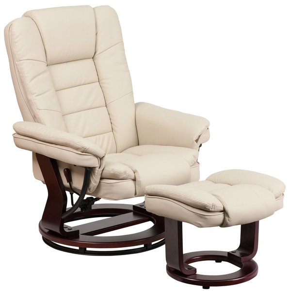 Beige LeatherSoft Recliner & Ottoman w/ Wood Base