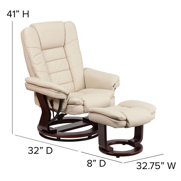 Beige LeatherSoft Recliner & Ottoman w/ Wood Base