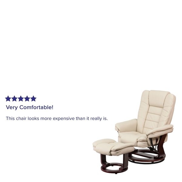 Beige LeatherSoft Recliner & Ottoman w/ Wood Base