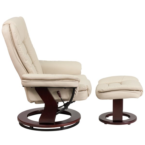 Beige LeatherSoft Recliner & Ottoman w/ Wood Base