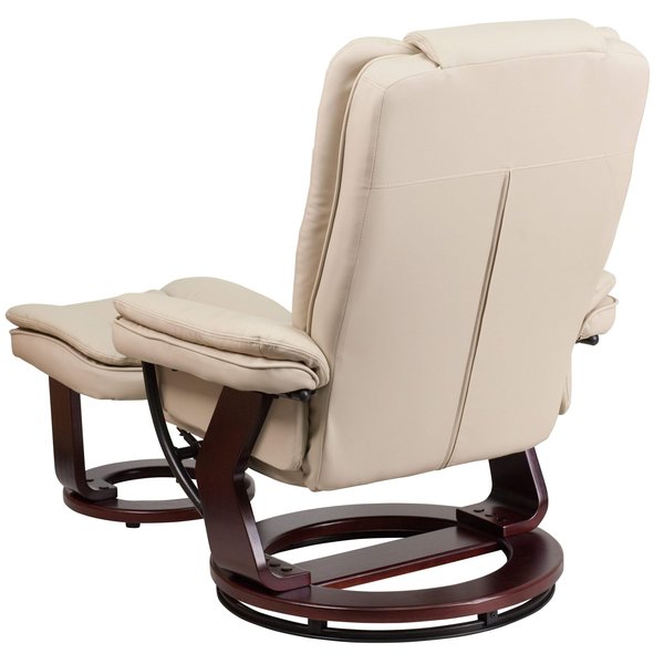 Beige LeatherSoft Recliner & Ottoman w/ Wood Base