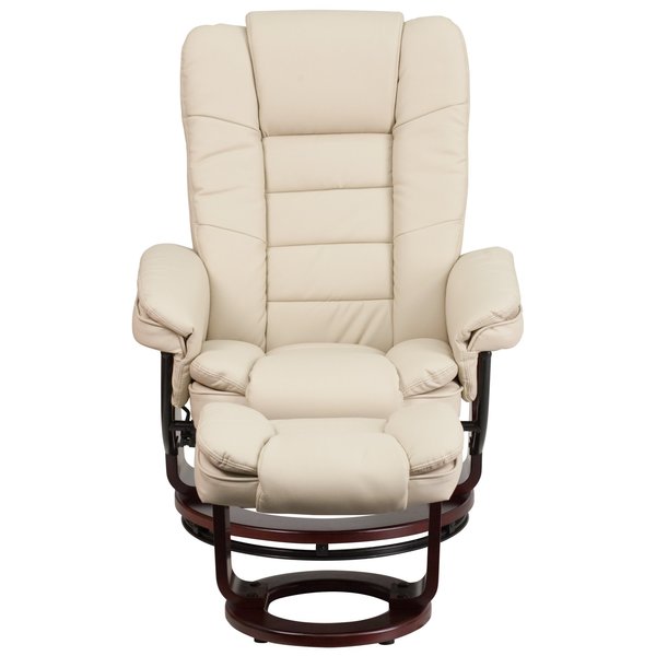 Beige LeatherSoft Recliner & Ottoman w/ Wood Base