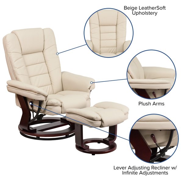 Beige LeatherSoft Recliner & Ottoman w/ Wood Base