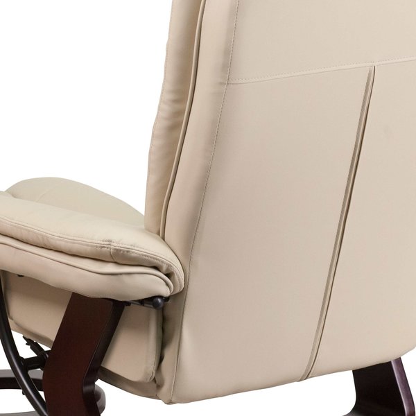 Beige LeatherSoft Recliner & Ottoman w/ Wood Base