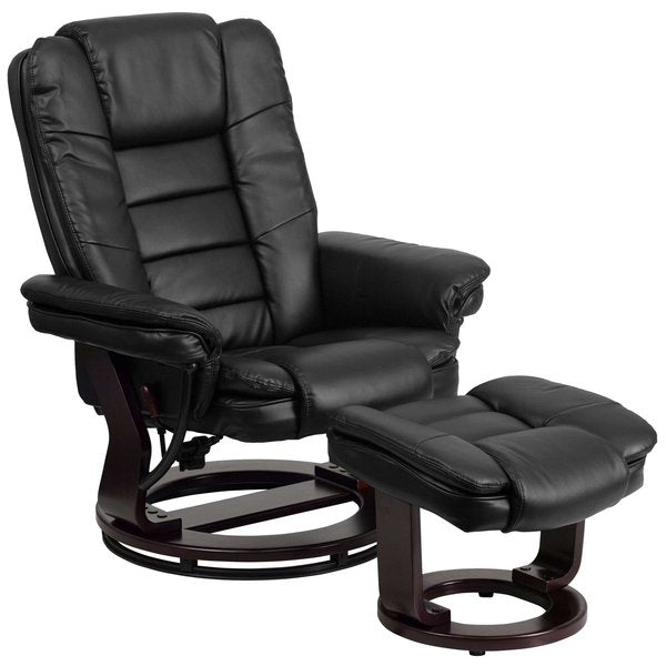 Black LeatherSoft Recliner & Ottoman w/ Wood Base