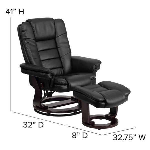 Black LeatherSoft Recliner & Ottoman w/ Wood Base