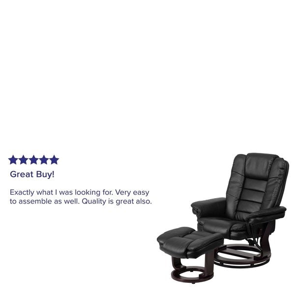 Black LeatherSoft Recliner & Ottoman w/ Wood Base