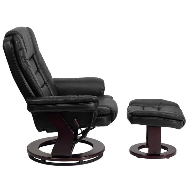 Black LeatherSoft Recliner & Ottoman w/ Wood Base