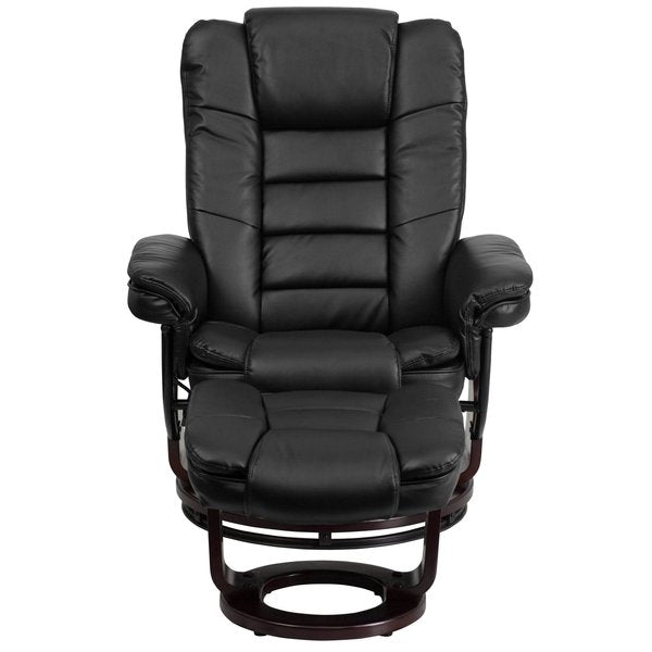 Black LeatherSoft Recliner & Ottoman w/ Wood Base