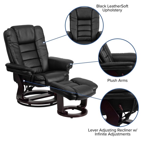 Black LeatherSoft Recliner & Ottoman w/ Wood Base