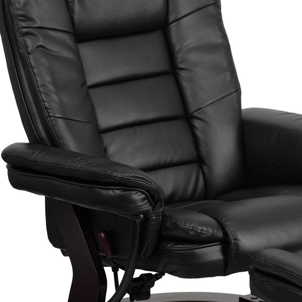 Black LeatherSoft Recliner & Ottoman w/ Wood Base