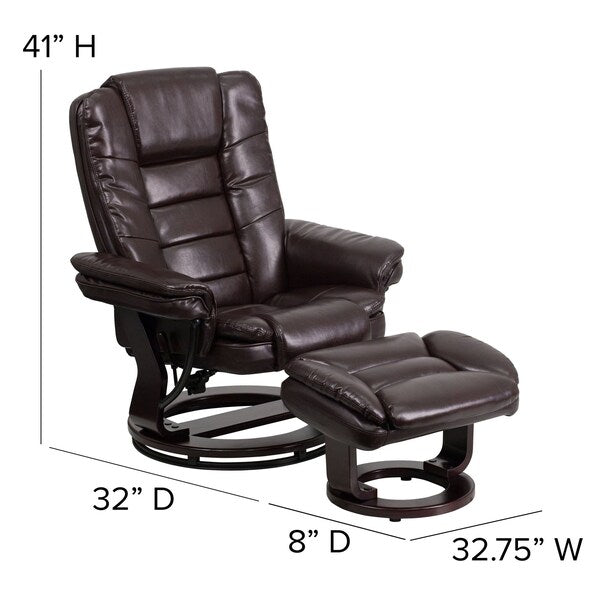 Brown LeatherSoft Recliner & Ottoman w/ Wood Base