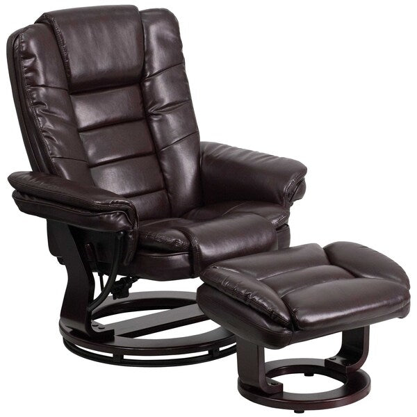 Brown LeatherSoft Recliner & Ottoman w/ Wood Base