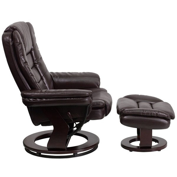 Brown LeatherSoft Recliner & Ottoman w/ Wood Base