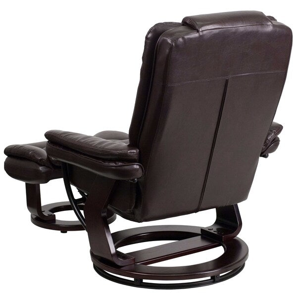 Brown LeatherSoft Recliner & Ottoman w/ Wood Base