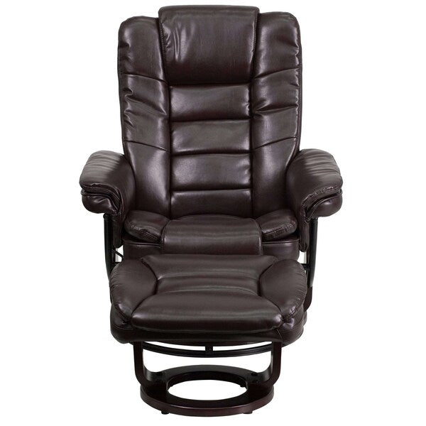 Brown LeatherSoft Recliner & Ottoman w/ Wood Base