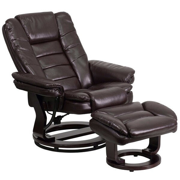 Brown LeatherSoft Recliner & Ottoman w/ Wood Base