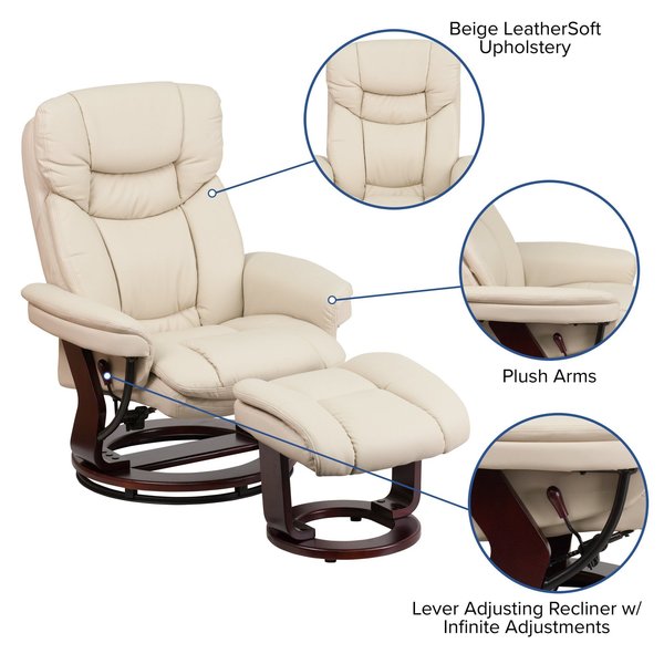 Beige LeatherSoft Swivel Recliner & Curved Ottoman
