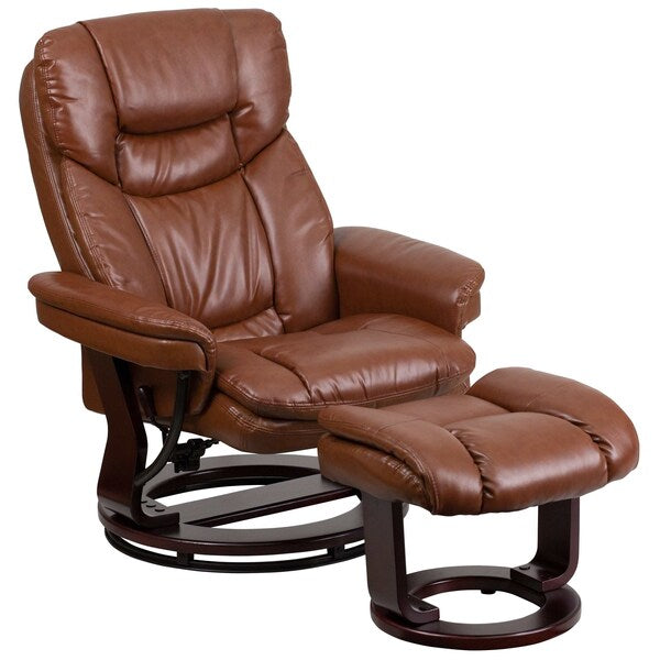 Brown Aged LeatherSoft Recliner & Curved Ottoman
