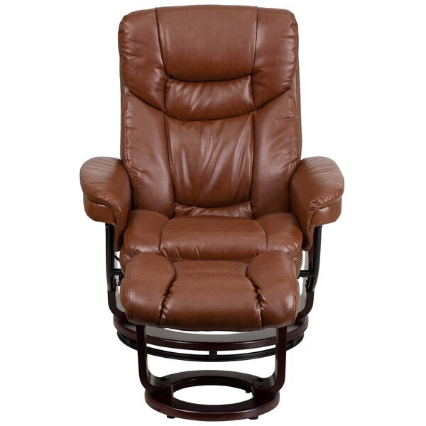 Brown Aged LeatherSoft Recliner & Curved Ottoman