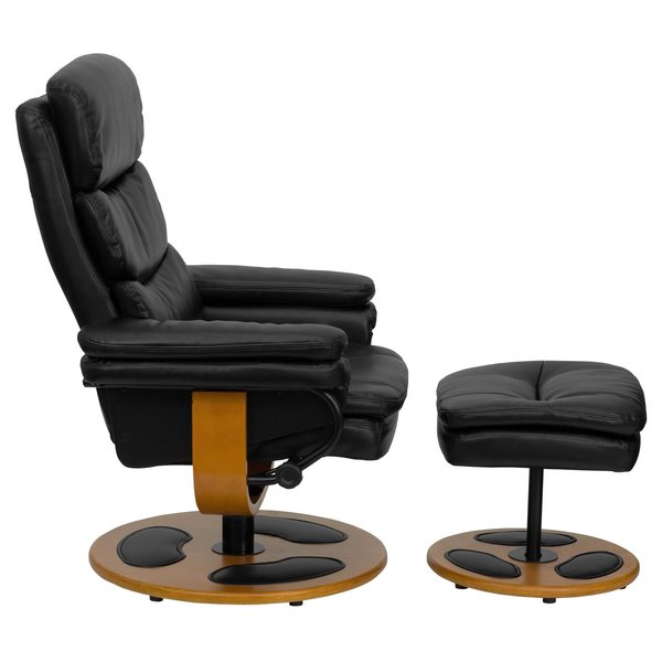 Black LeatherSoft Recliner & Ottoman w/ Wood Base