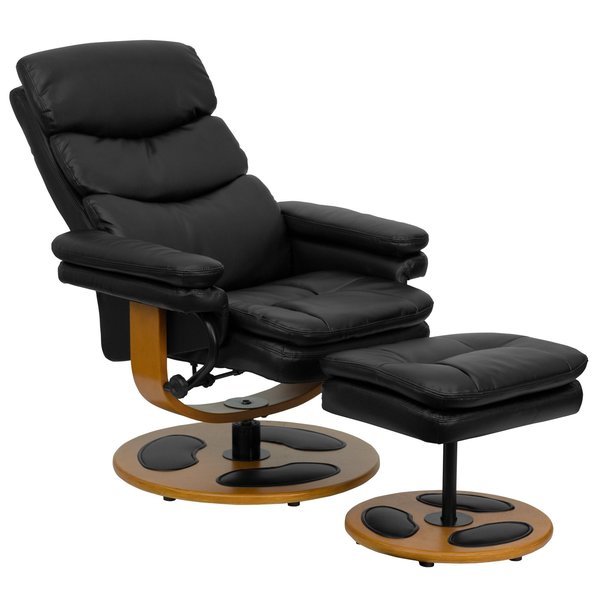 Black LeatherSoft Recliner & Ottoman w/ Wood Base