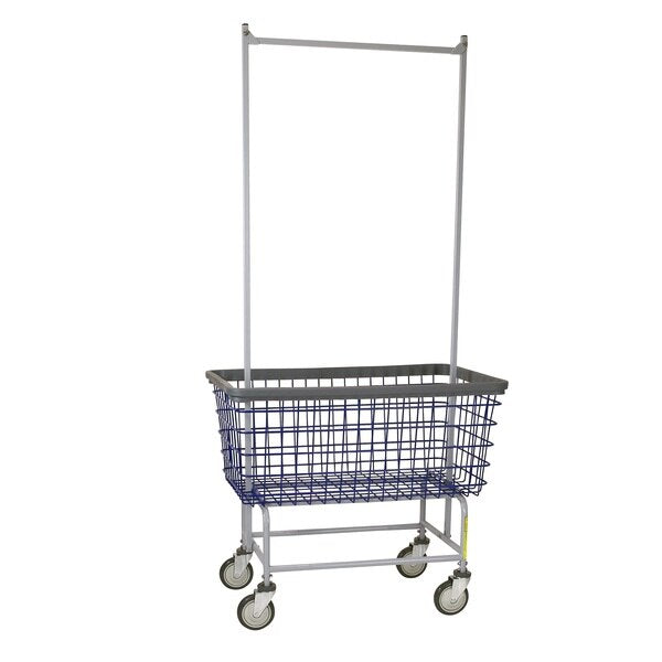 Wire Utility Cart with Double Pole Rack, 4.5 Bushel, Blue Basket, Gray Base/Rack