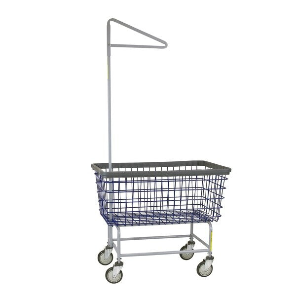 Wire Utility Cart with Single Pole Rack, 4.5 Bushel, Blue Basket, Gray Base/Rack