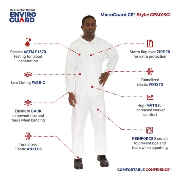 Disposable Coveralls, 25 PK, White, Microporous Fabric, Zipper