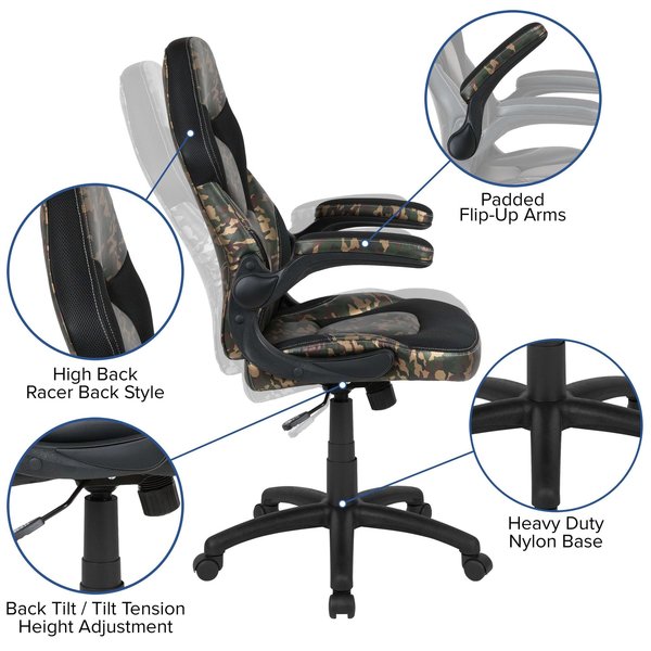 Gaming Chair, Padded Flip-up, Camouflage