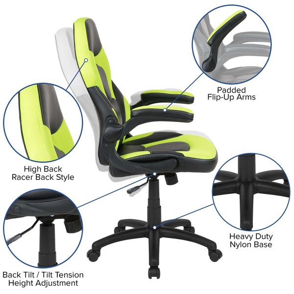 Gaming Chair, Padded Flip-up, Neon Green